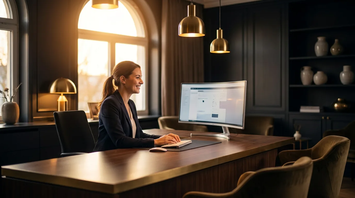 Entspannter Empfang einer modernen Arztpraxis – MFA am digitalen Frontdesk mit Praxis Copilot